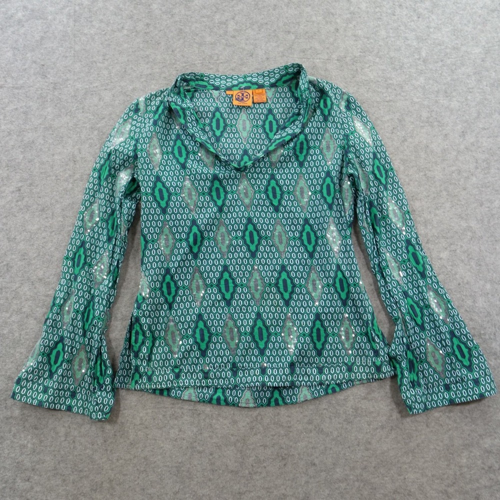 Tory Burch Tunic Top Womens 4 Green Geometric Sequin Embellished Flute Sleeve